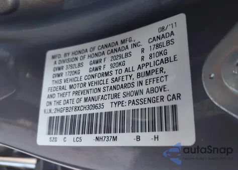 2012 Honda Civic Ex из США, поврежденный, VIN 2HGFB2F8XCH309635